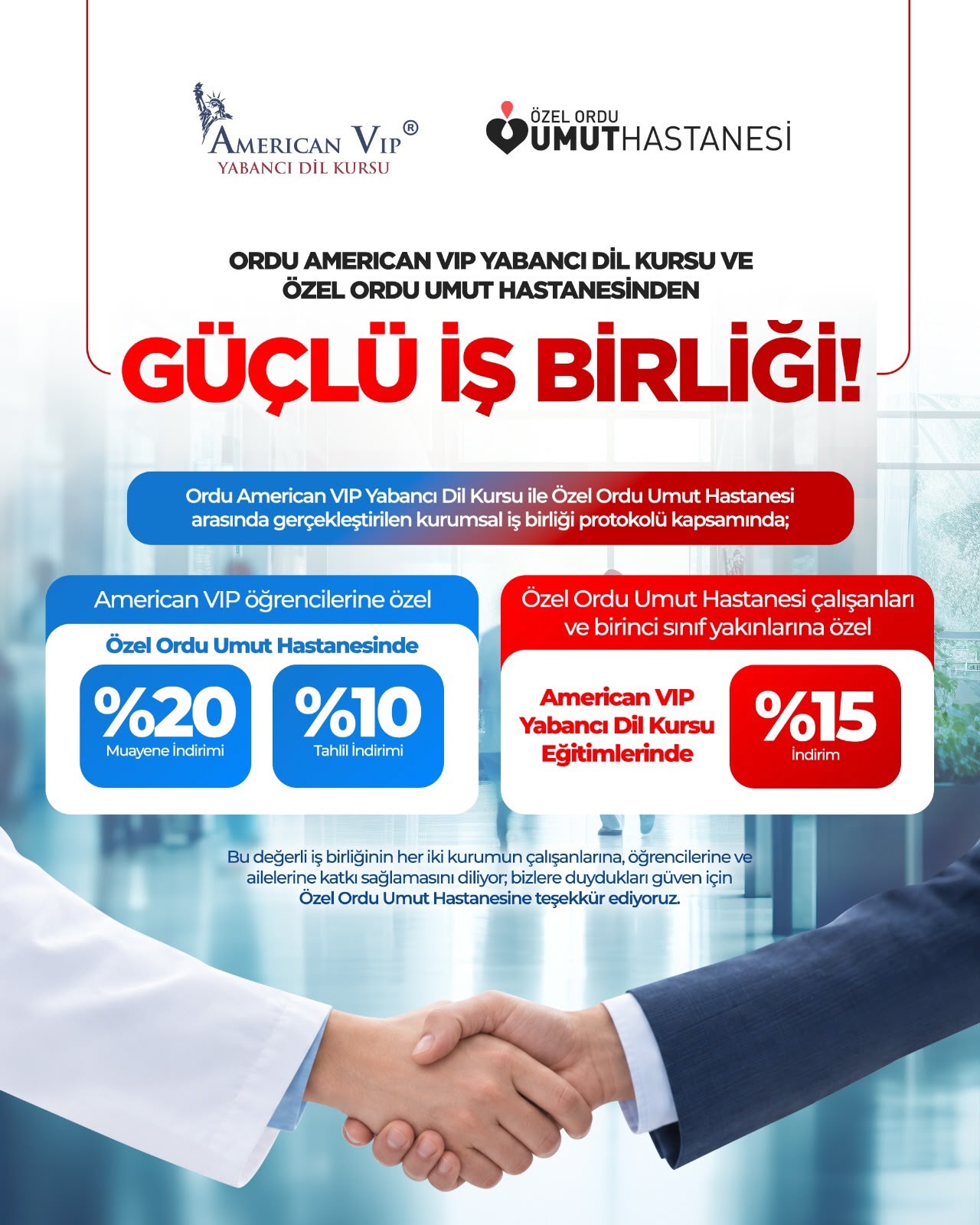 Ordu American VIP Yabancı Dil Kursu ile Özel Ordu Umut Hastanesi arasında, çalışanlarımızın, öğrencilerimizin ve ailel…